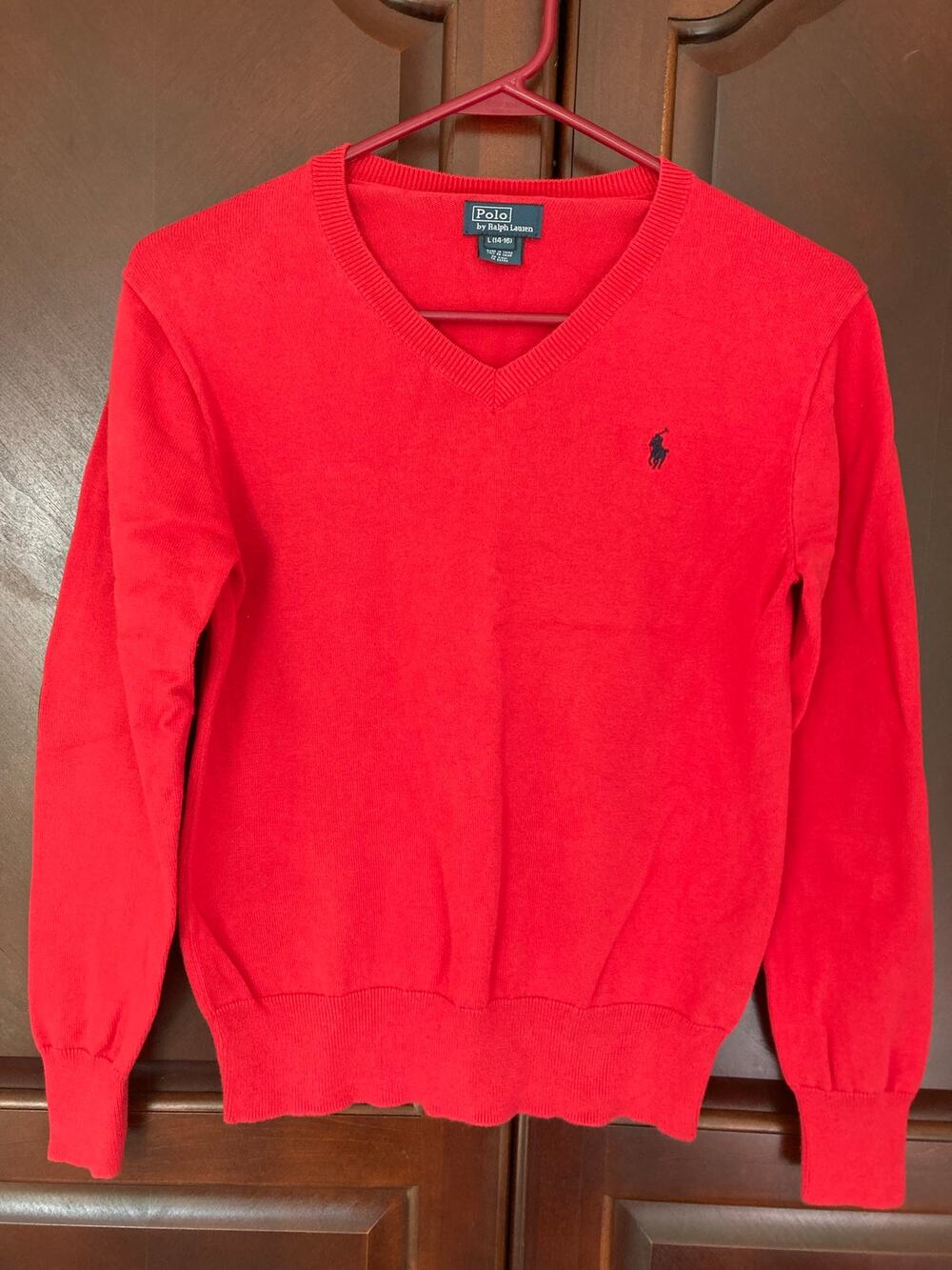 Polo by Ralph Lauren -New England Prep Tomato Red V Neck Elbow Patches-14/16/S